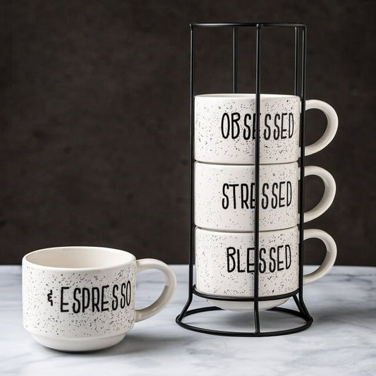 4 8 oz. White and Black Speckled Sentiment Espresso Stoneware Mugs with Rack EasyOptionXY LLC