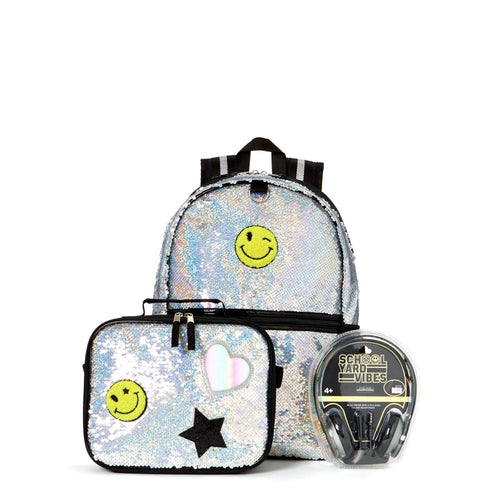 Schoolyard Vibes Sequin Patch Girls 16" 3 Piece Headphone with Lunch Kids Backpack Set, Silver EasyOptionXY LLC