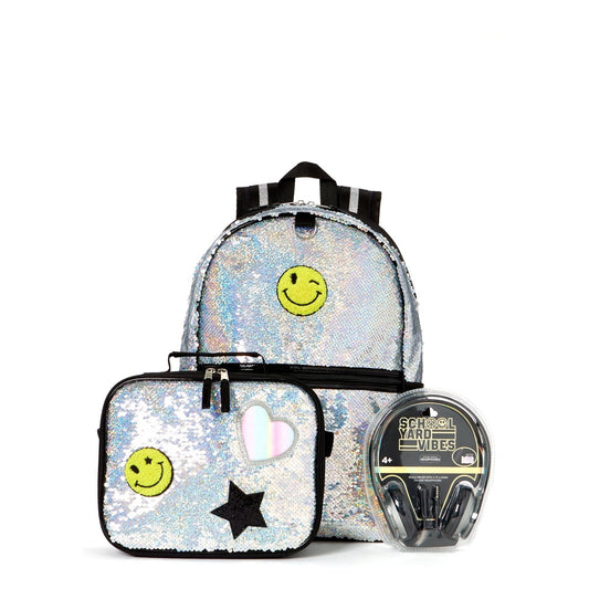 Schoolyard Vibes Sequin Patch Girls 16" 3 Piece Headphone with Lunch Kids Backpack Set, Silver EasyOptionXY LLC
