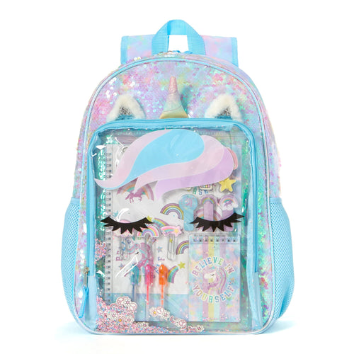 Schoolyard Vibes Unicorn Girls 17" Sequin Stationary Kids Backpack Set, Blue EasyOptionXY LLC