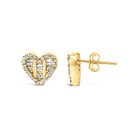 14K Yellow Gold Plated .925 Sterling Silver 1/2 Cttw Round and Baguette Diamond Composite Heart Shaped Stud Earring (I-J Color, SI2-I1 Clarity)