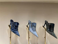 Women Pocket Denim Pointed Toe Heeled Ankle Boots