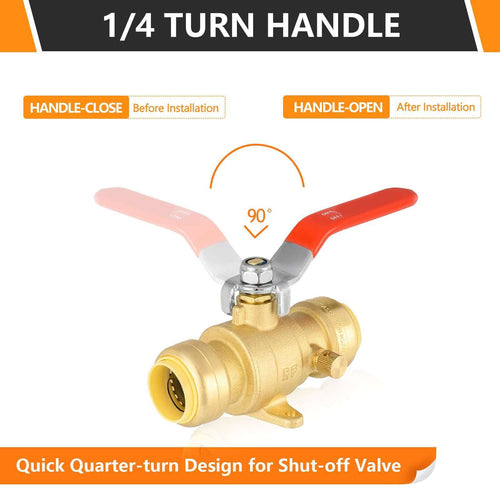 1/2" Push Fit Ball Valve With Drain Drop Ear, Red Lever (Lead Free)