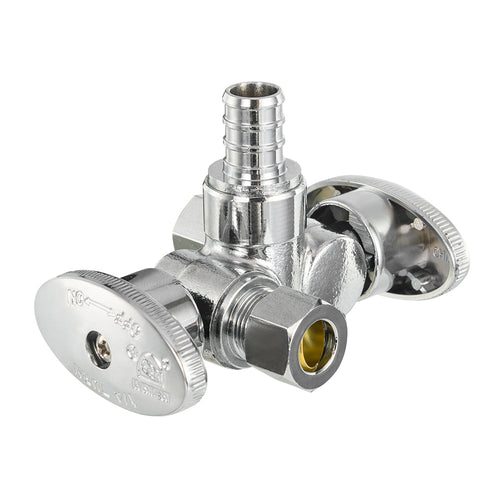 1/2" PEX Crimp x 3/8" OD Compr. x 3/8" OD Compr. Dual Stop Valve, 1/4 Turn (Lead Free)