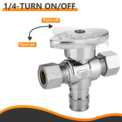 10 Pcs 1/2" PEX Expansion x 3/8" OD Compr. x 3/8" OD Compr. Dual Outlet Angle Stop Valve, 1/4 Turn (Lead Free) Plumbingsell