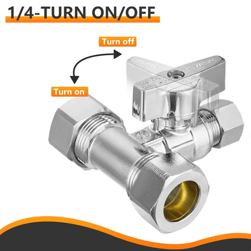 5/8" OD Compr. x 5/8" OD Compr. x 3/8" OD Compr. Tee Stop Valve, 1/4 Turn (Lead Free)