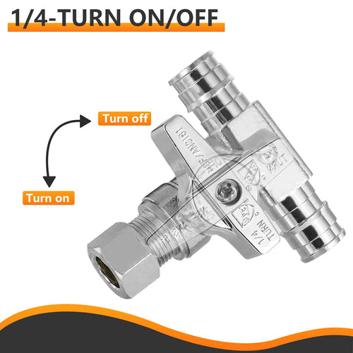10 Pcs 1/2" PEX Expansion x 1/2" PEX Expansion x 3/8" OD Compr. Tee Stop Valve, 1/4 Turn (Lead Free) Plumbingsell