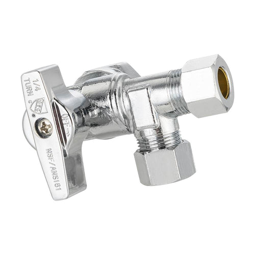 1/2" NOM (5/8" OD) Inlet x 3/8" OD Outlet x 3/8" OD Outlet Split Angle Stop Valve, 1/4 Turn (Lead Free)