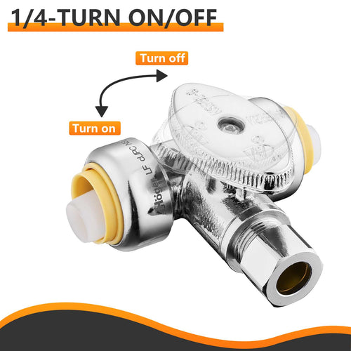 1/2" Push Connect x 1/2" Push Connect x 3/8" OD Compr. Tee Stop Valve, 1/4 Turn (Lead Free)