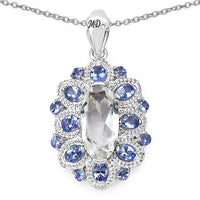 "6.09 Carat Genuine Crystal Quartz, Tanzanite and White Diamond .925 Sterling Silver Pendant
