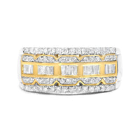 10K White and Yellow Gold 1.00 Cttw Baguette and Round cut Diamond Art Deco Multi-Row Ring Band (I-J Color, I1-I2 Clarity) - Ring Size 7