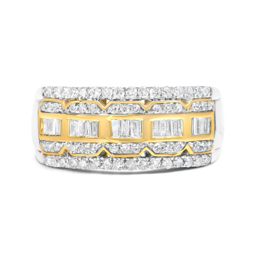 10K White and Yellow Gold 1.00 Cttw Baguette and Round cut Diamond Art Deco Multi-Row Ring Band (I-J Color, I1-I2 Clarity) - Ring Size 7
