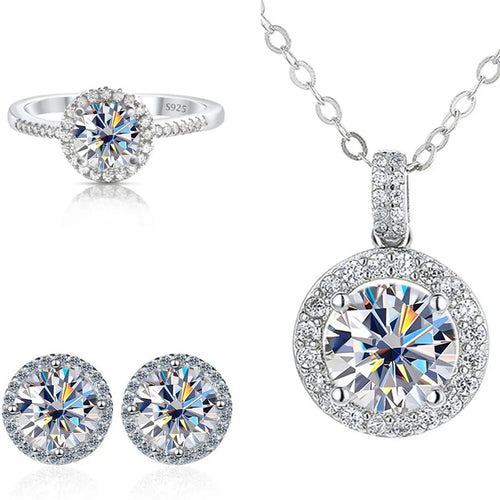 6.5mm Moissanite 925 Sterling Silver Bridal Jewelry Set Ring Earring Pendant