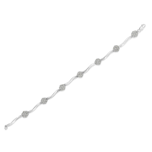 .925 Sterling Silver 1/4 Cttw Diamond Cluster Miracle-Set Station & Twisted Bar 7" Tennis Bracelet (H-I Color, I2-I3 Clarity)