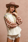 BiBi Floral Notched Plaid Balloon Sleeve Top