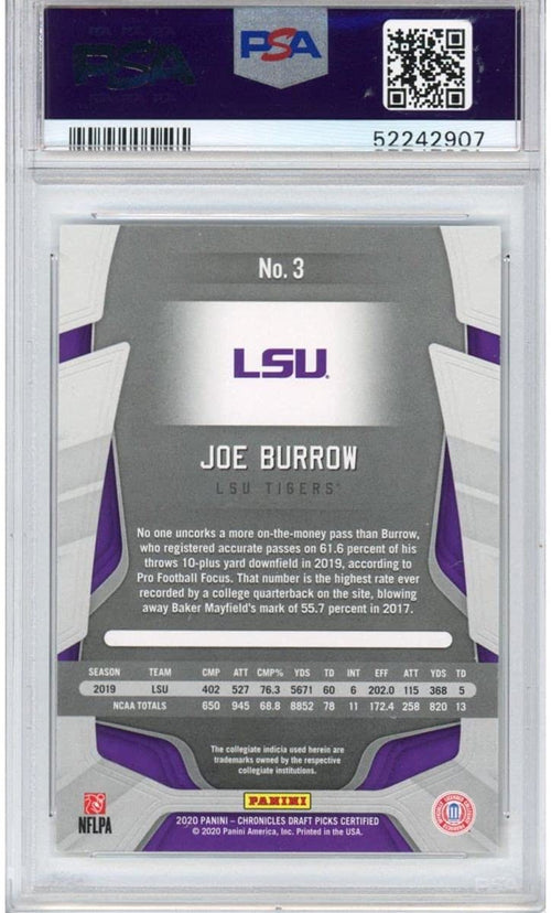 Graded 2020 Panini Chronicles Draft Picks Joe Burrow #3 Certified Rookie RC Football Card PSA 10 Gem Mint