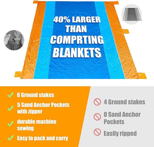 DYYBeach Blanket, Extra Large Oversized 10'X 9' for 7 Adults Soft Beach Mat, with 6 Stakes & 6 Pockets, Waterproof Sandless Picnic Mat Easy
