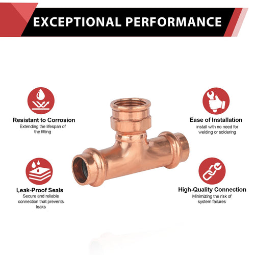 1/2" x 1/2" x 1/2" Copper Press x Press x Female Thread Tee (Lead Free)