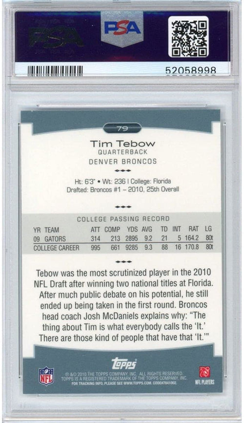 Graded 2010 Topps Platinum Tim Tebow #79 Rookie RC Football Card PSA 10 Gem Mint