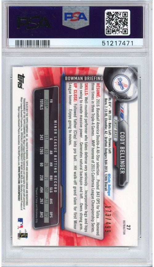 Graded 2017 Bowman Chrome Cody Bellinger #27 Refractor #/499 Rookie RC Baseball Card PSA 10 Gem Mint