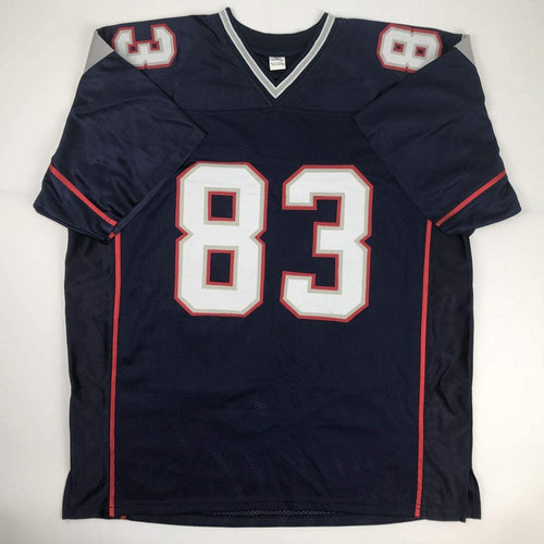 Autographed/Signed Deion Branch Super Bowl XXXIX MVP New England Blue Football Jersey Tristar COA