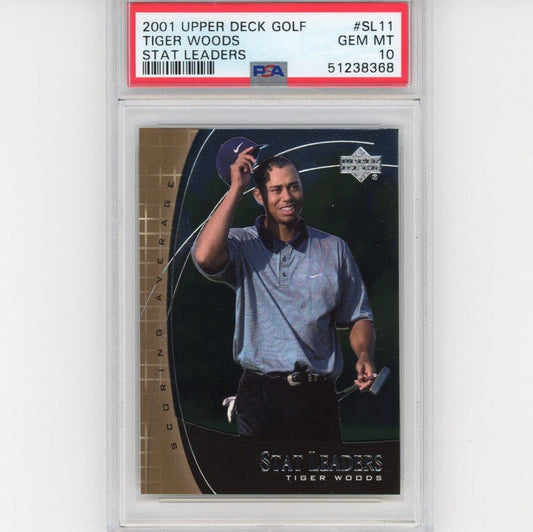 Graded 2001 Upper Deck UD Golf Tiger Woods #SL11 Stat Leaders Rookie RC Golf Card PSA 10 Gem Mint