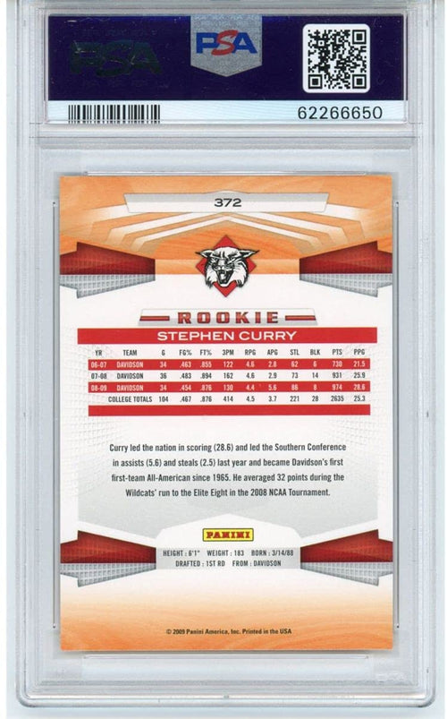 Graded 2009-10 Panini Stephen Steph Curry #372 Rookie RC Basketball Card PSA 10 Gem Mint
