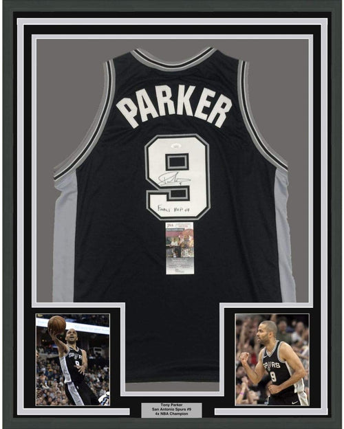 Framed Autographed/Signed Tony Parker Finals MVP 07 35x39 San Antonio Black Basketball Jersey JSA COA
