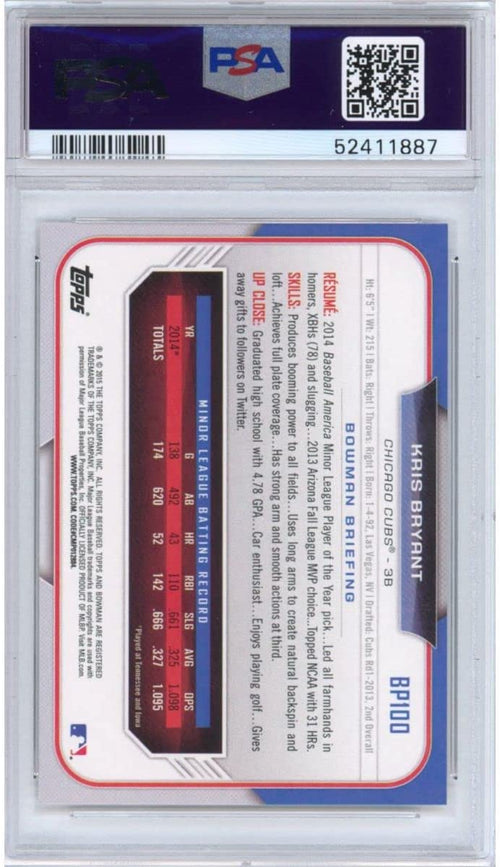 Graded 2015 Bowman Prospects Kris Bryant #BP100 Rookie RC Baseball Card PSA 10 Gem Mint