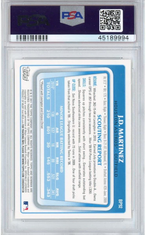 Graded 2011 Bowman Paper Products JD J.D. Martinez #BP92 Rookie RC Baseball Card PSA 10 Gem Mint
