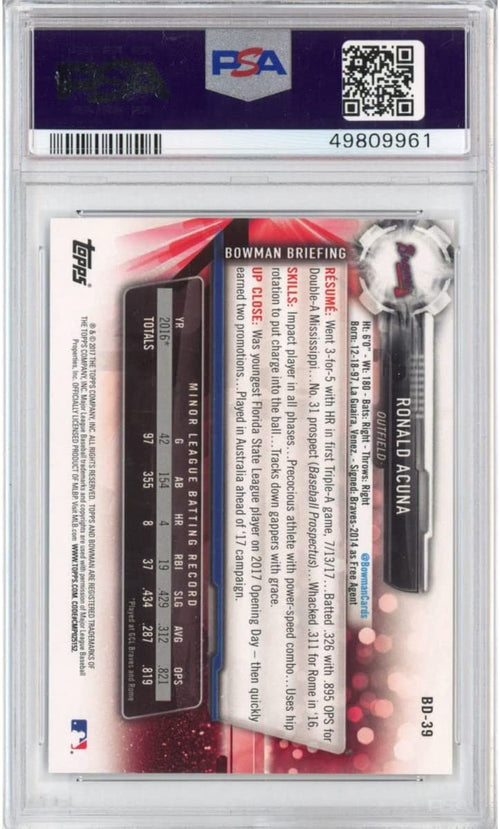 Graded 2017 Topps Bowman Draft Ronald Acuna Jr. #BD39 Rookie RC Baseball Card PSA 10 Gem Mint