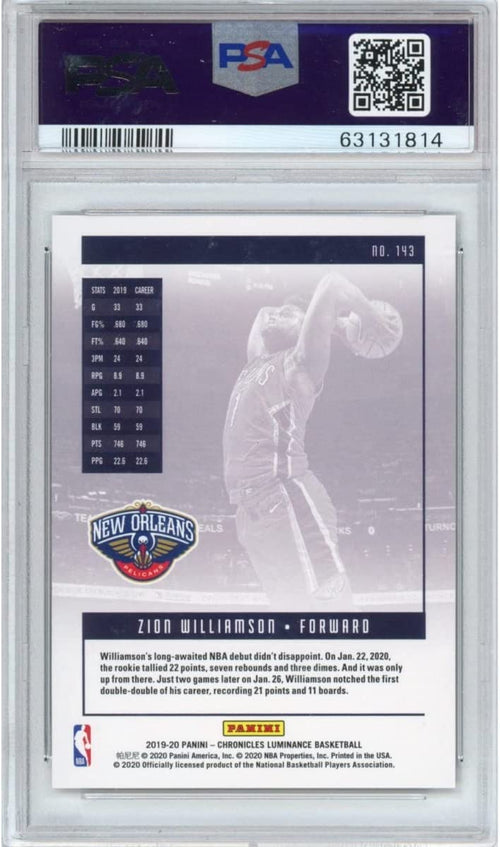 Graded 2019-20 Panini Chronicles Zion Williamson #143 Rookie RC Basketball Card PSA 10 Gem Mint