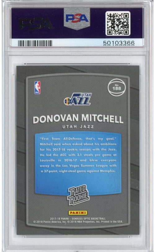Graded 2017-18 Panini Donruss Optic Donovan Mitchell #188 Red/Yellow Rookie RC Basketball Card PSA 10 Gem Mint