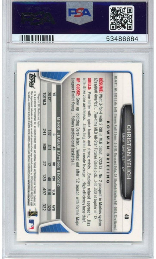 Graded 2013 Bowman Chrome Draft Picks & Prospects Christian Yelich #40 Rookie RC Baseball Card PSA 10 Gem Mint