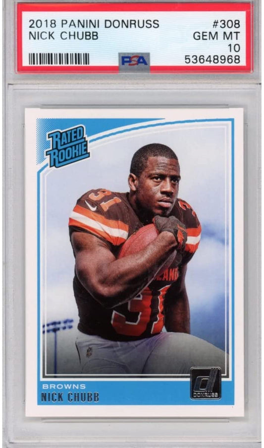 Graded 2018 Panini Donruss Nick Chubb #308 Rookie RC Football Card PSA 10 Gem Mint