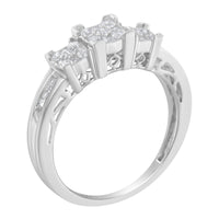 10K White Gold 1/2 Cttw Brilliant & Baguette Cut Diamond 3 Stone Design with 3 Square Clusters Engagement Ring (H-I Color, SI2-I1 Clarity) - Size 6-3/4