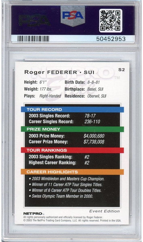 Graded 2003 Netpro Roger Federer #S2 Event Starter Rookie RC Tennis Card PSA 10 Gem Mint