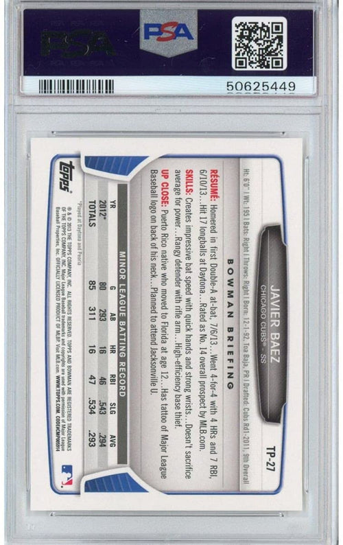 Graded 2013 Bowman Draft Picks & Top Prospects Javier Baez #TP-27 Rookie RC Baseball Card PSA 10 Gem Mint