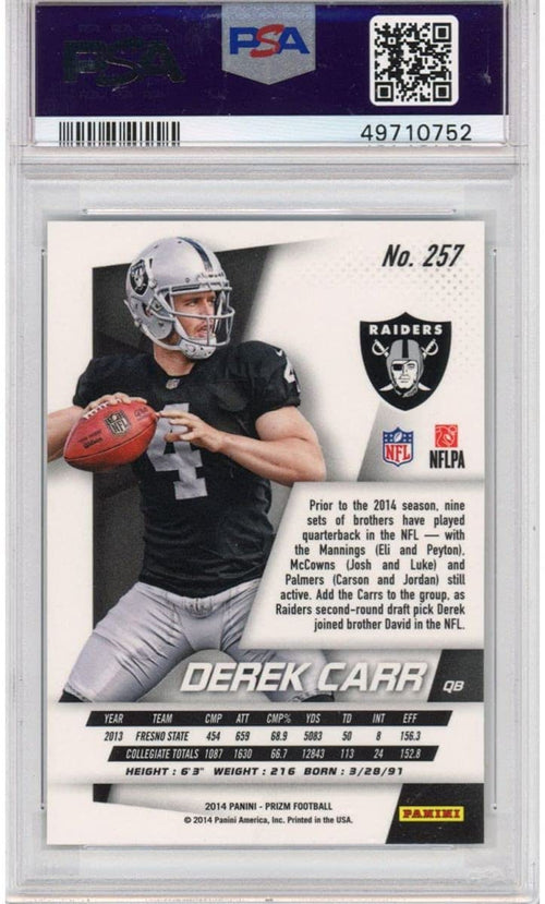 Graded 2014 Panini Prizm Derek Carr #257 Facing Right Rookie RC Football Card PSA 10 Gem Mint