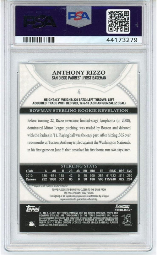 Graded 2011 Bowman Sterling Anthony Rizzo #4 Autograph Auto Rookie RC Baseball Card PSA 10 Gem Mint