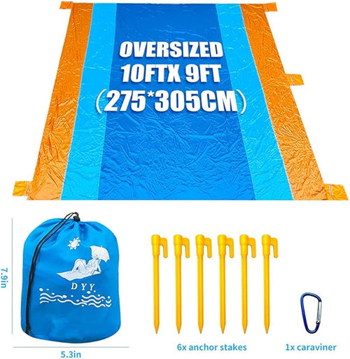 DYYBeach Blanket, Extra Large Oversized 10'X 9' for 7 Adults Soft Beach Mat, with 6 Stakes & 6 Pockets, Waterproof Sandless Picnic Mat Easy