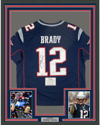 Framed Autographed/Signed Tom Brady 35x39 New England Patriots Blue Authentic Nike Limited Football Jersey Fanatics COA