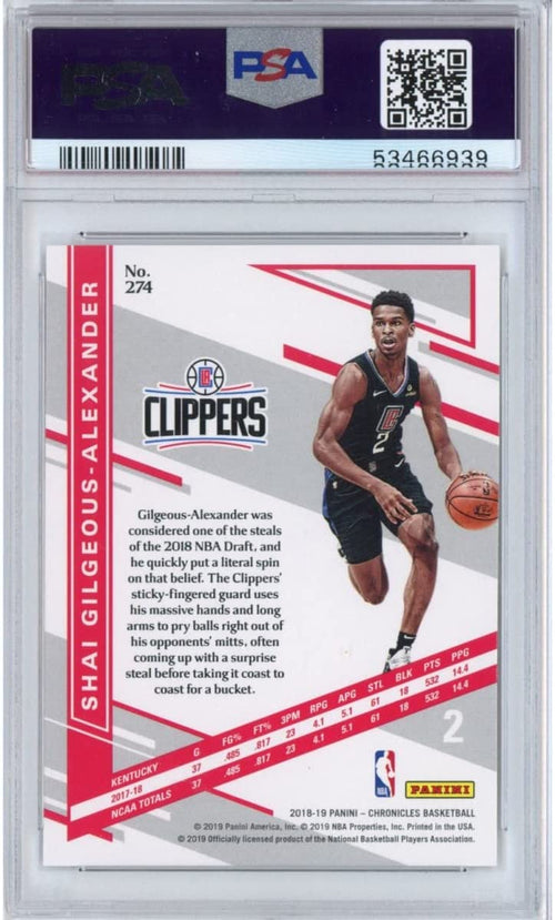 Graded 2018-19 Panini Chronicles Shai Gilgeous-Alexander #274 Rookie RC Basketball Card PSA 10 Gem Mint