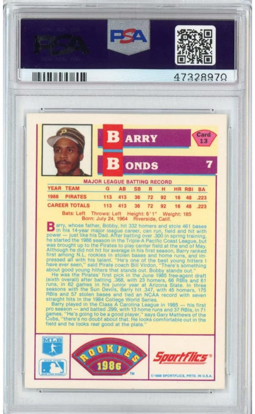 Graded 1986 Sportflics Barry Bonds #40 Rookie RC Baseball Card PSA 10 Gem Mint