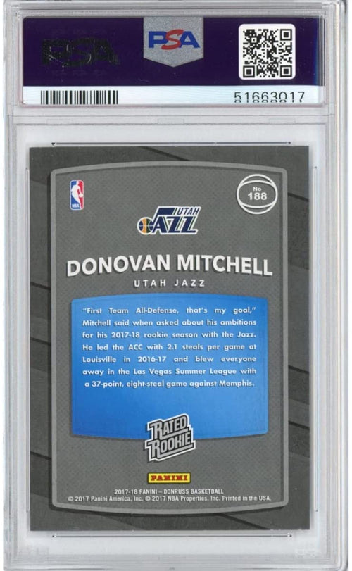 Graded 2017-18 Panini Donruss Donovan Mitchell #188 Rookie RC Basketball Card PSA 10 Gem Mint