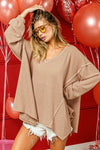 BiBi V-Neck Waffle Top with Uneven Hem