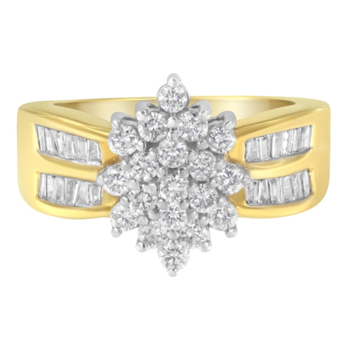 10K Yellow Gold 1.0 Cttw Round & Baguette Cut Diamond Floral Cluster Double-Channel Flared Band Statement Ring (H-I Color, SI2-I1 Clarity) - Size 6-1/2