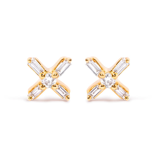 10K Yellow Gold 1/10 Cttw Round and Baguette Diamond Criss Cross X Stud Earring (H-I Color, I1-I2 Clarity)