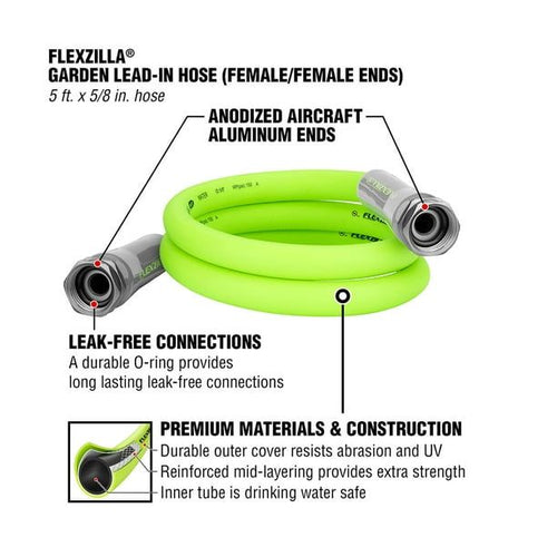 Flexzilla Garden Lead-in Hose, 5/8" x 5', Female/Female 3/4" - 11 1/2 GHT Fittings EasyOptionXY LLC
