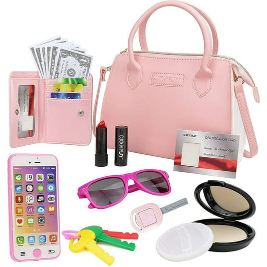 Little Girls Purse, Click N' Play Pretend Play Purse 20 Piece Set, Toys for Girls 3+, Toy Purse with Makeup, Smartphone, Wallet, Keys, Sunglasses EasyOptionXY LLC